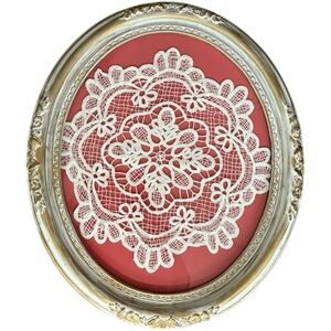Vintage Oval Frame Wall Art - Lace Doily on Pink Background